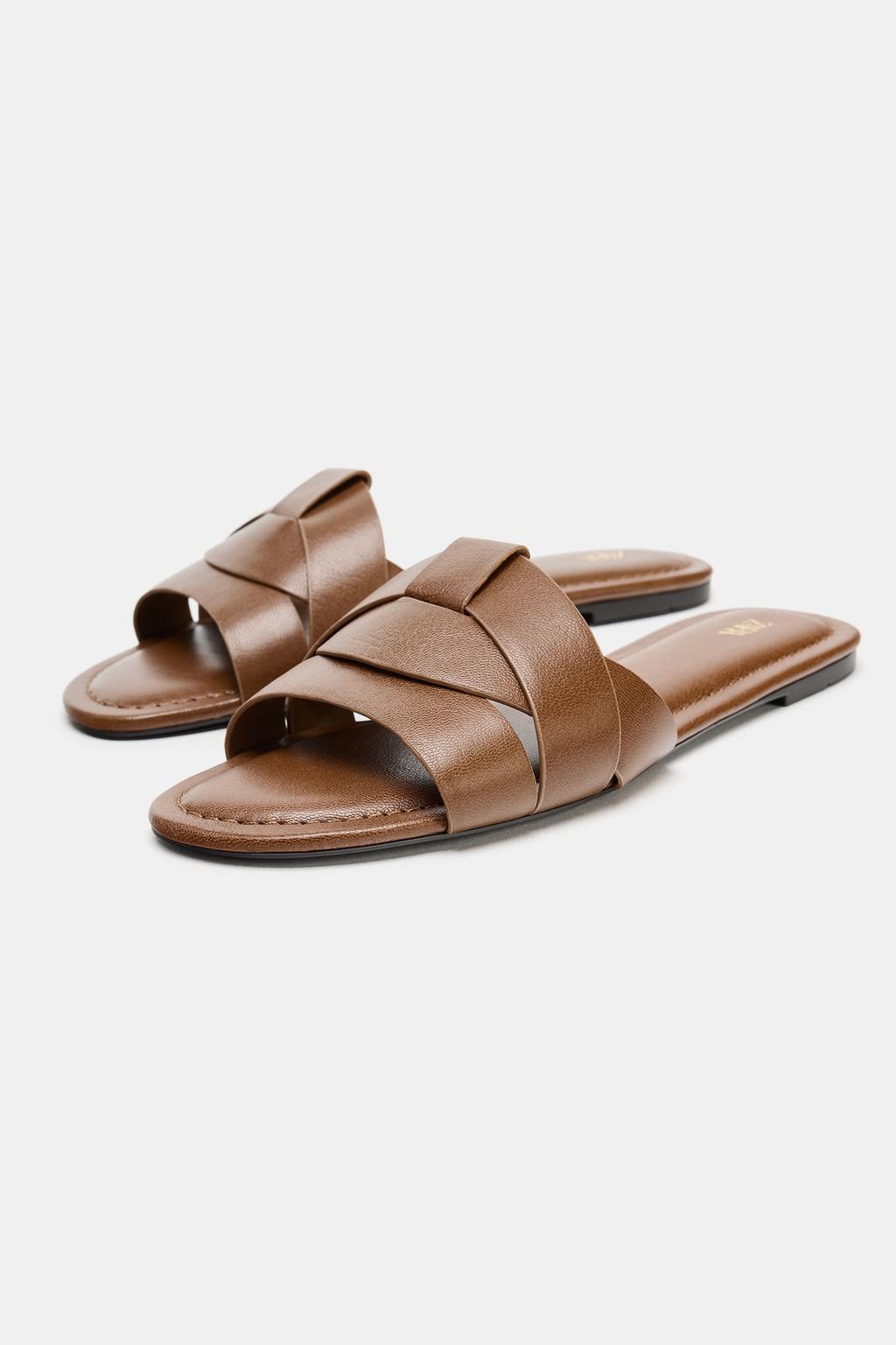 CROSSED FLAT LEATHER SANDALS view 2