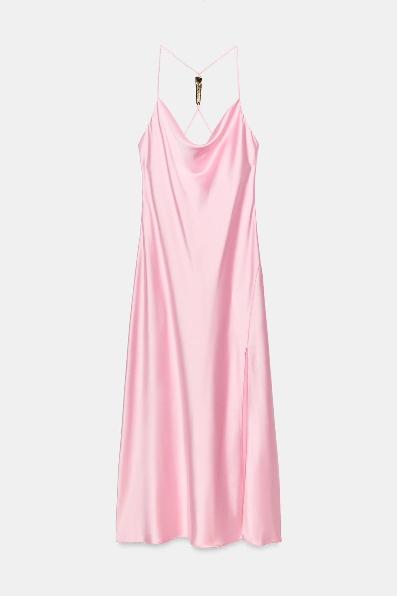 CAMISOLE DRESS WITH GOLD-TONED APPLIQUÉ. Blush pink · Satin cowl-neck midi