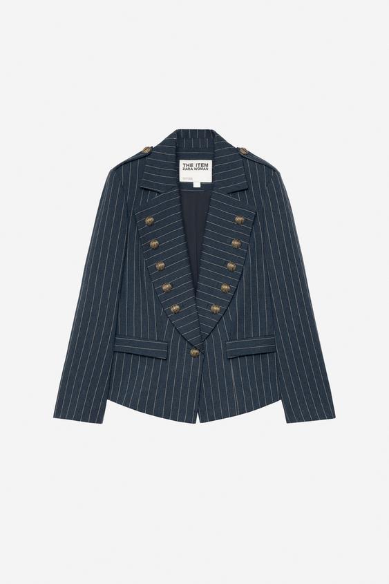 PINSTRIPE BLAZER. Navy pinstripe · Embossed buttons