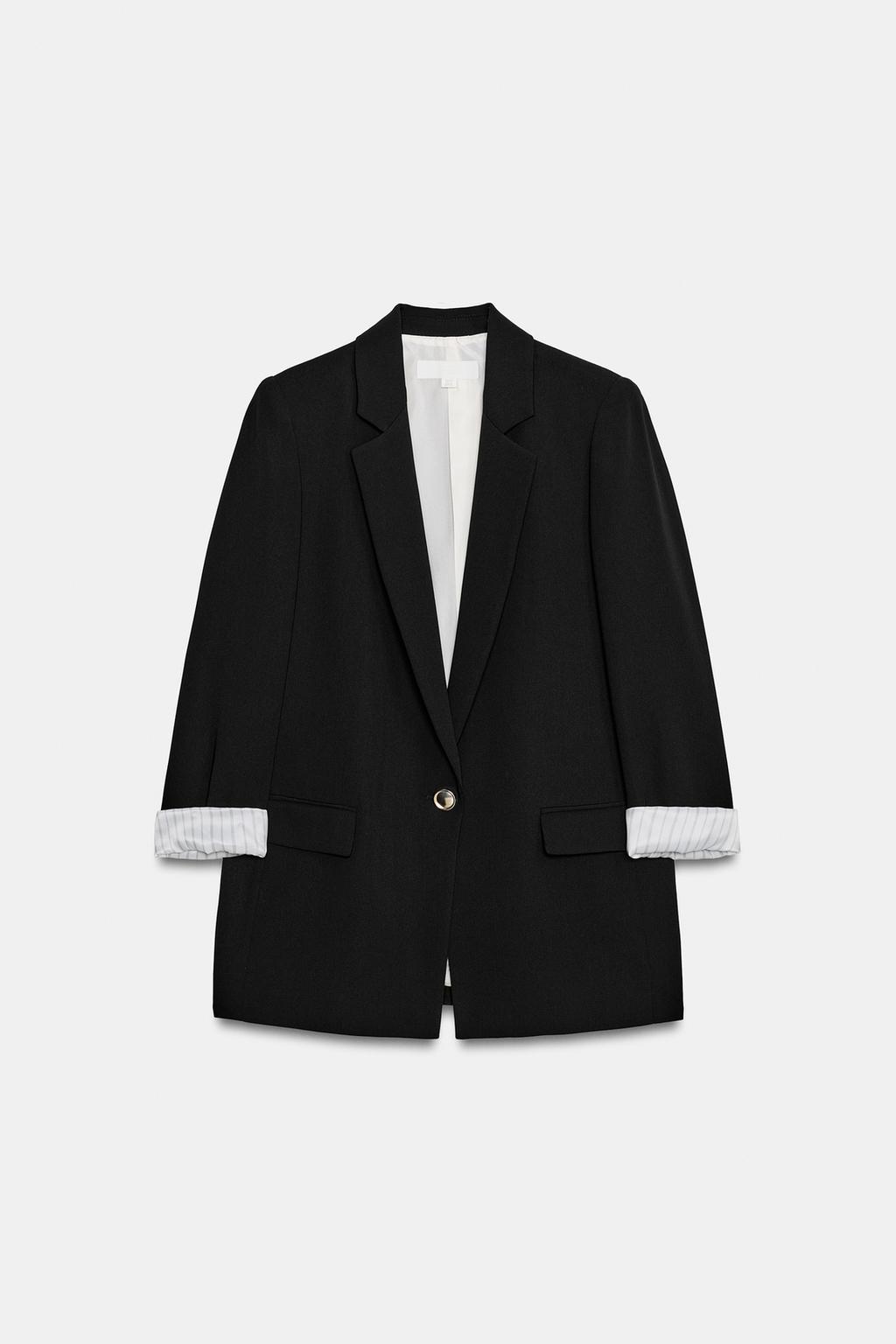 BLAZER WITH SHOULDER PADS AND PRINTED CUFFS. Striped turn-up cuffs · 3 colours