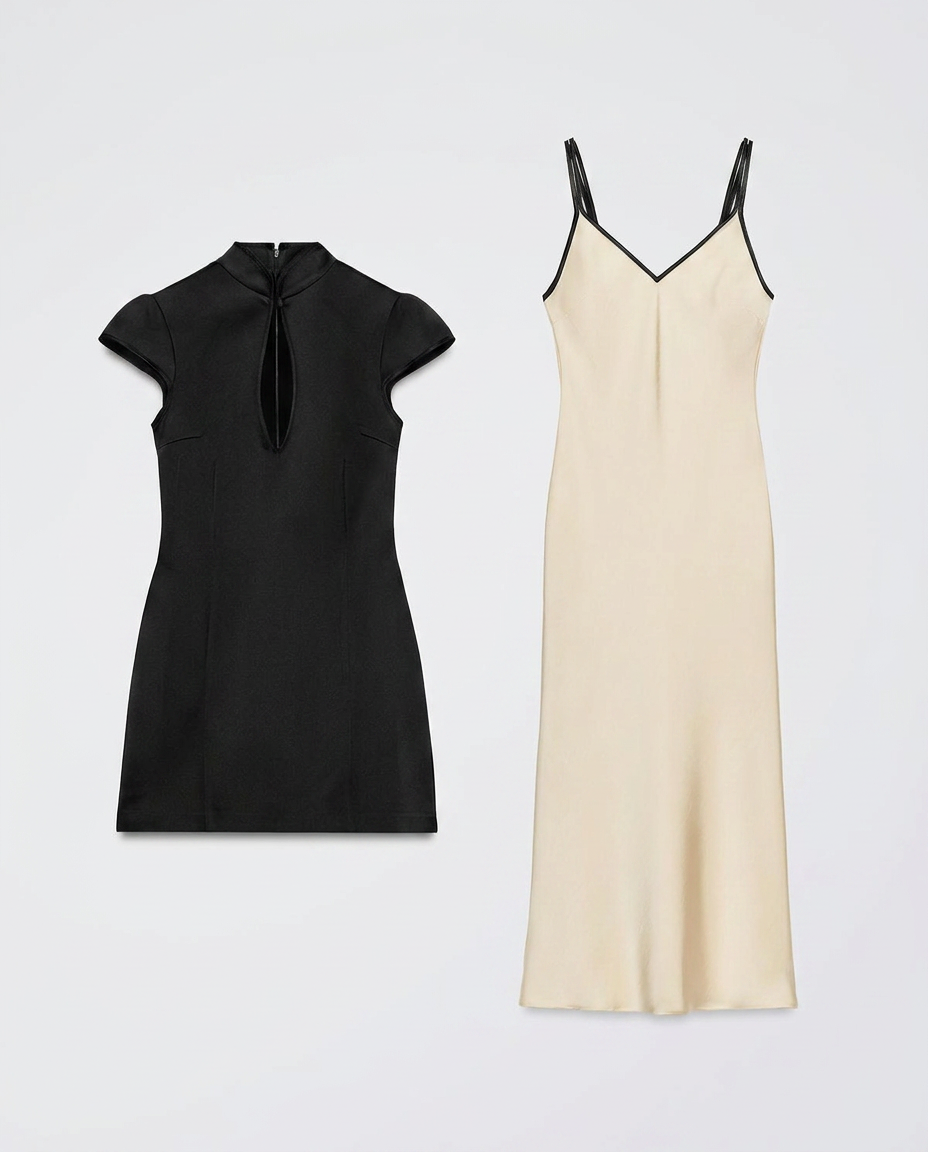 Black satin mini dress and cream satin slip dress sourced from Zara